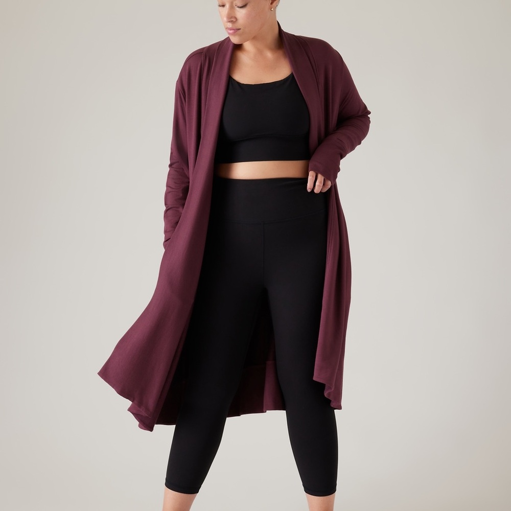 Athleta Burgundy Open-Front Short Sleeve Drape Cardigan